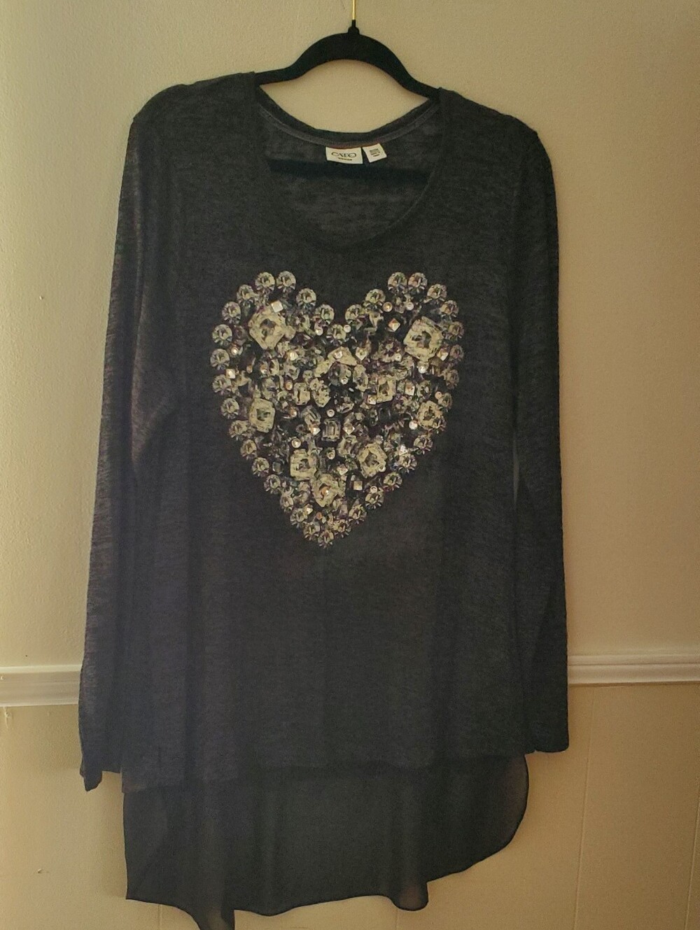 Cato Women's Dark Gray Long Sleeve Heart Embellished Top
